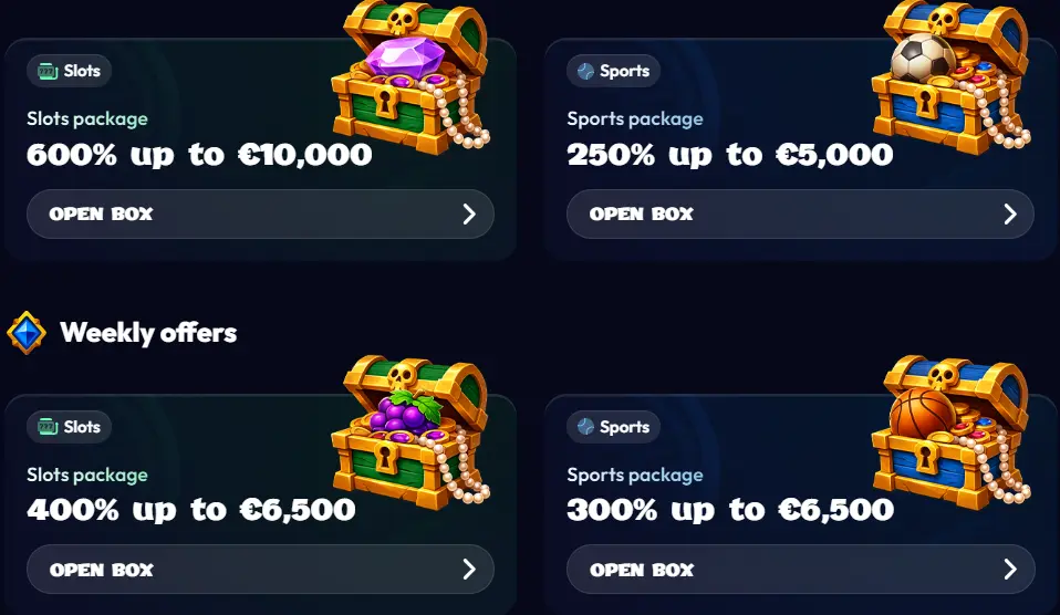 Welcome package and ongoing promotions — current values on the promotions page